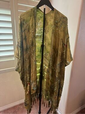 Beaded Olive Green Silk Embroidered Kimono Cape